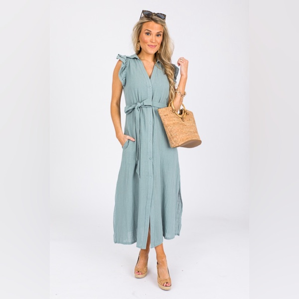 NWT Karlie belted shirt dress with ruffle sleeves - medium